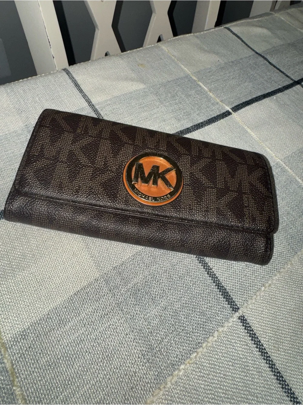 Michael Kors Dark Brown MK Logo Continental Wallet with Tan Logo Accent